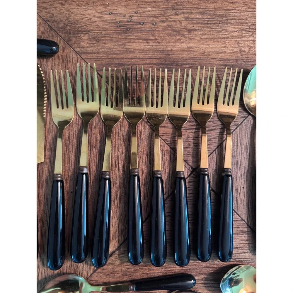 Vintage Gold Tone Flatware Set Black Tapered Handles 32 Piece Mid Century Modern